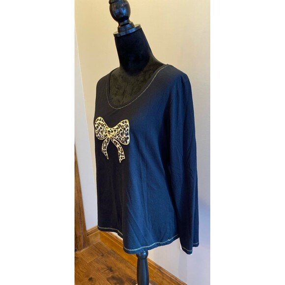 Black Blouse Cheeatah Print Bow Size Large T Shirt Long Sleeve Stretchy Casual - Picture 4 of 9